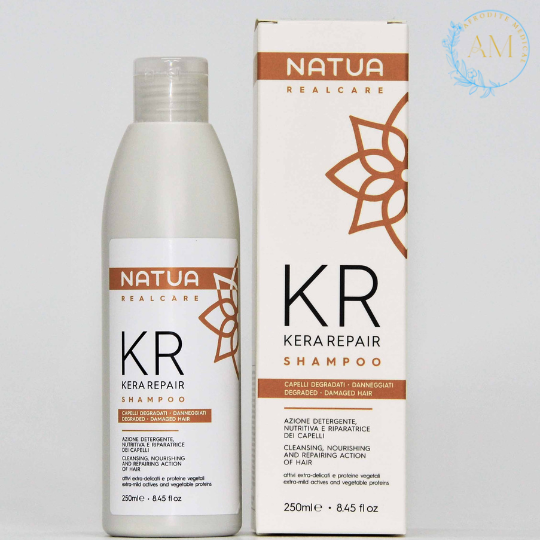 KR Kera Repair Shampoo Ristrutturante di Natua è progettato per riparare e rinforzare i capelli danneggiati